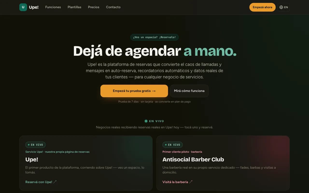 Upe! booking storefront landing page